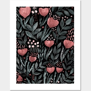 Watercolor flower garden -  dusty pink and grey on dark background Posters and Art